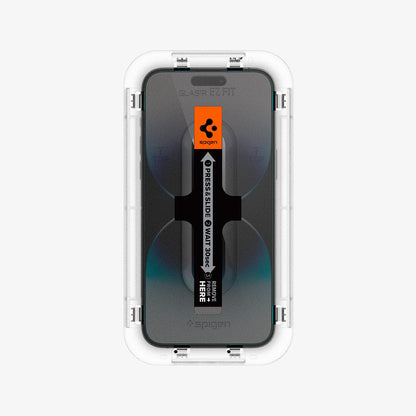 AGL05214 - iPhone 14 Pro Screen Protector EZ FIT GLAS.tR (Sensor Protection) showing the ez fit tray installed onto the device front view