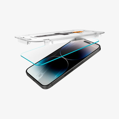 AGL05214 - iPhone 14 Pro Screen Protector EZ FIT GLAS.tR (Sensor Protection) showing the ez fit tray and screen protector hovering slightly above device