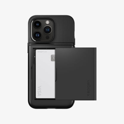 ACS04980 - iPhone 14 Pro Case Slim Armor CS in black showing the back with card slot open and card in slot