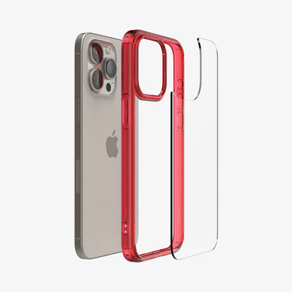 ACS07055 - iPhone 15 Pro Case Ultra Hybrid in red crystal showing the multiple layers of case hovering behind the device