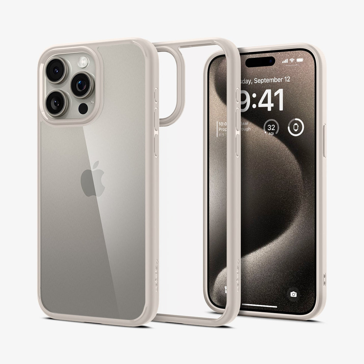 ACS07214 - iPhone 15 Pro Ultra Hybrid Case in Natural Titanium showing the back, parallel to the hard layer case and device