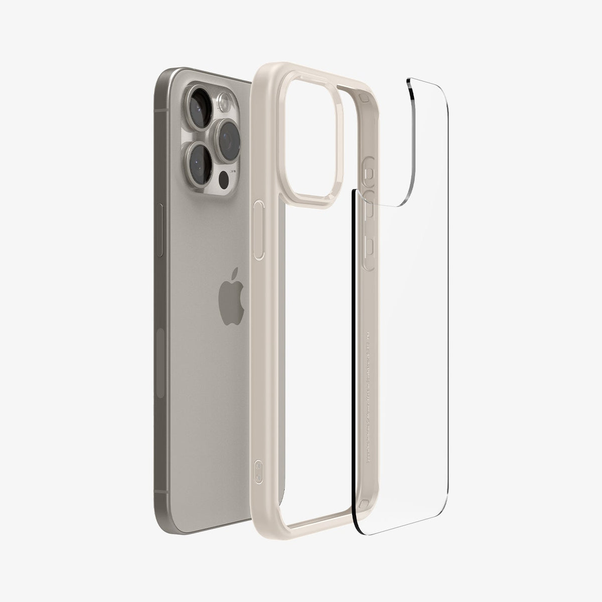 ACS07214 - iPhone 15 Pro Ultra Hybrid Case in Natural Titanium showing the back of glass case hovering the hard layer case frame and device