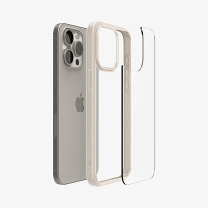 ACS07214 - iPhone 15 Pro Ultra Hybrid Case in Natural Titanium showing the back of glass case hovering the hard layer case frame and device