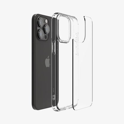 ACS06707 - iPhone 15 Pro Case Ultra Hybrid in crystal clear showing the back with multiple layers of case hovering away from device