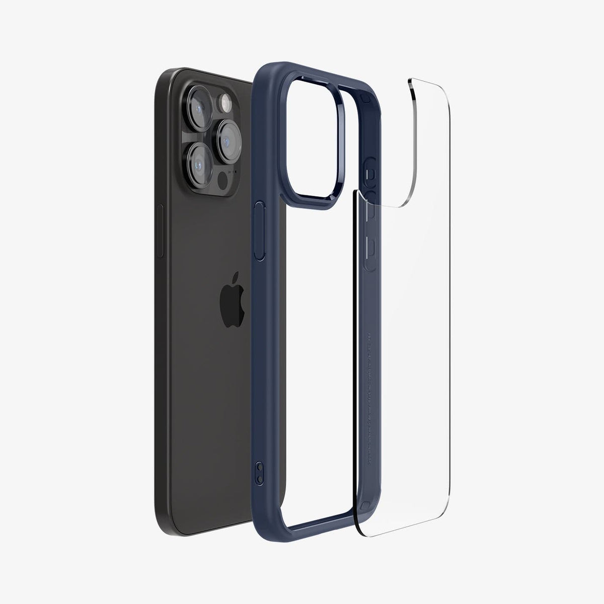 ACS06711 - iPhone 15 Pro Case Ultra Hybrid in navy blue showing the back with multiple layers of case hovering away from the device