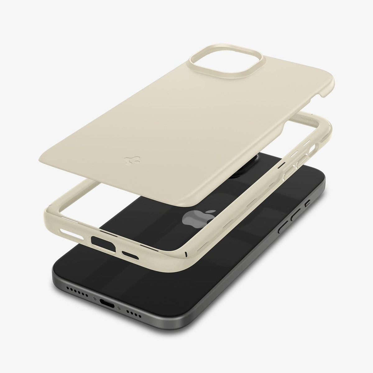 ACS06642 - iPhone 15 Plus Case Thin Fit in mute beige showing the multiple layers of case hovering above the device