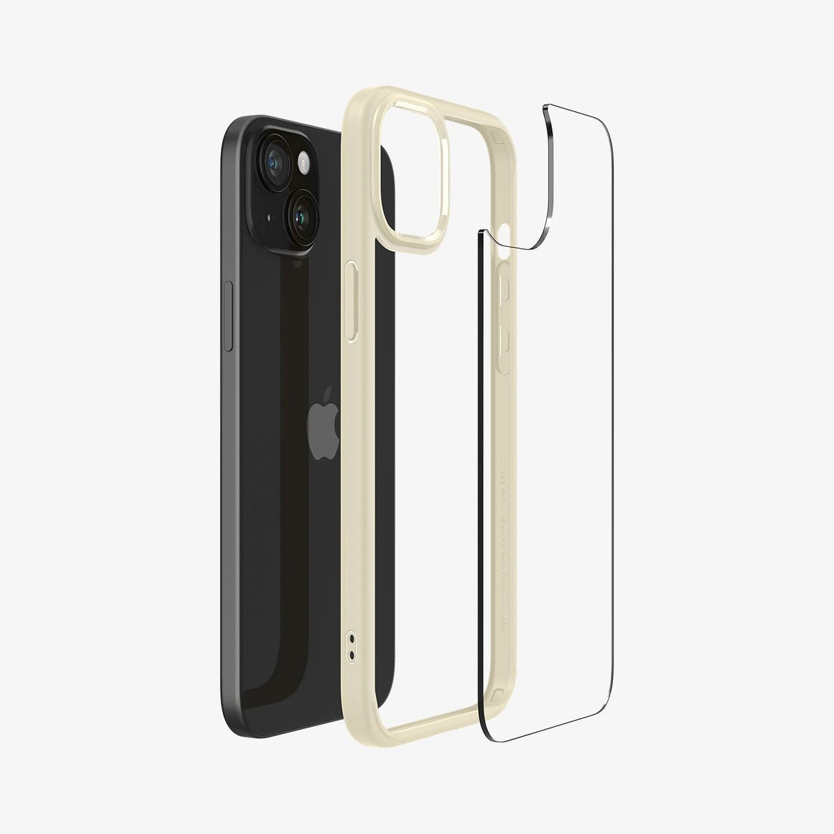 ACS06658 - iPhone 15 Plus Case Ultra Hybrid in mute beige showing the back with multiple layers of case hovering away from device