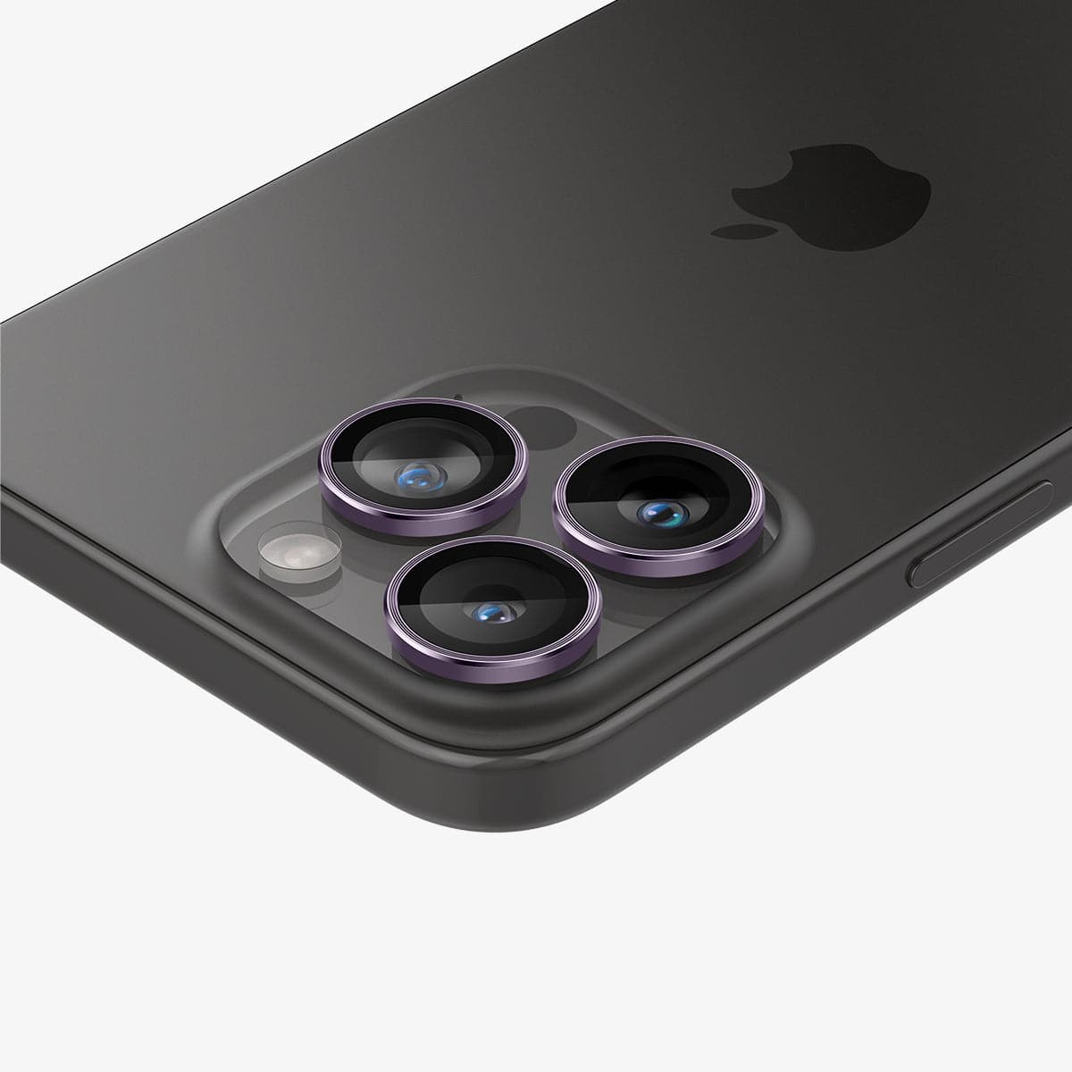 AGL05597 - iPhone 15 Pro / 15 Pro Max Optik Pro Lens Protector in deep purple showing the back, top and side zoomed in on camera lens