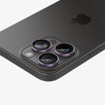 AGL05597 - iPhone 15 Pro / 15 Pro Max Optik Pro Lens Protector in deep purple showing the back, top and side zoomed in on camera lens