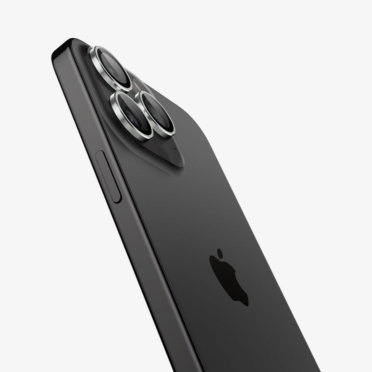 AGL05599 - iPhone 15 Pro / 15 Pro Max Optik Pro Lens Protector in silver showing the back and side zoomed in on camera lens