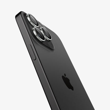 AGL05599 - iPhone 15 Pro / 15 Pro Max Optik Pro Lens Protector in silver showing the back and side zoomed in on camera lens