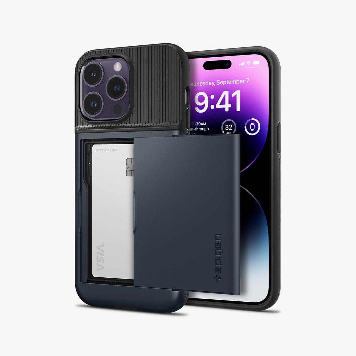 ACS04838 - iPhone 14 Pro Max Case Slim Armor CS in metal slate showing the back and front with card in slot