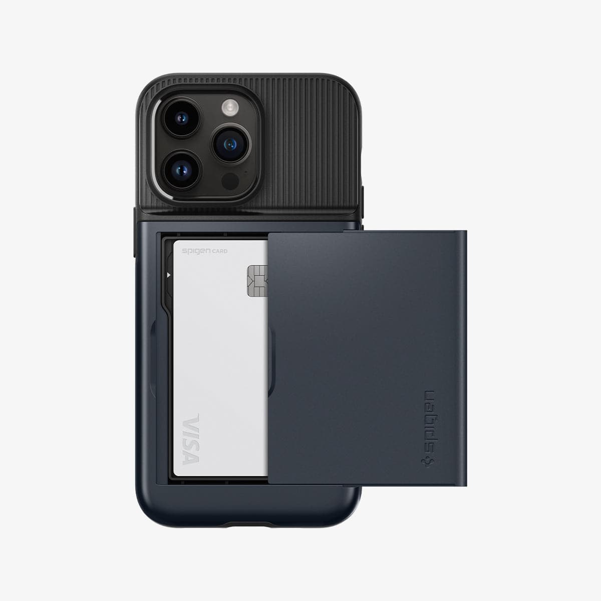 ACS04838 - iPhone 14 Pro Max Case Slim Armor CS in metal slate showing the back with card slot open and card in slot