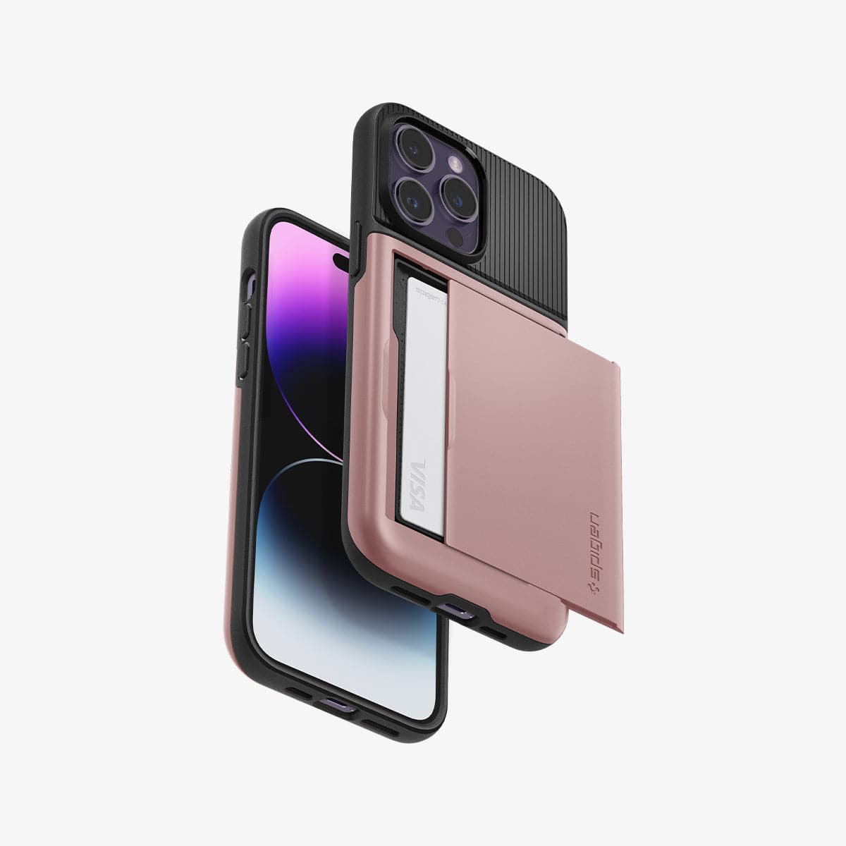 ACS04836 - iPhone 14 Pro Max Case Slim Armor CS in rose gold showing the back, bottom, sides and front with card in slot