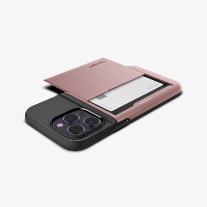 ACS04836 - iPhone 14 Pro Max Case Slim Armor CS in rose gold showing the back and side with card in slot and device laying flat