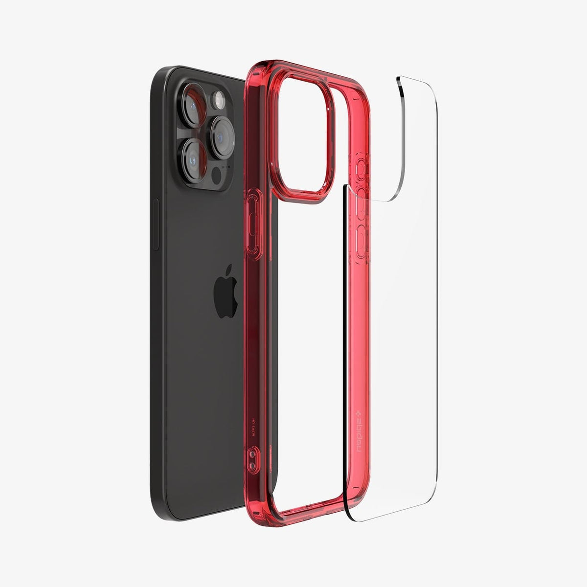 ACS07054 - iPhone 15 Pro Case Ultra Hybrid in deep red showing the back with multiple layers of case hovering away from device