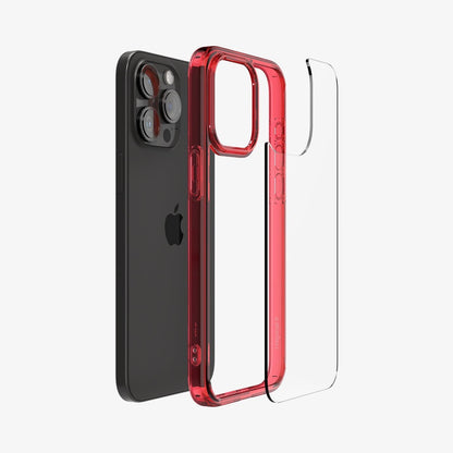 ACS07054 - iPhone 15 Pro Case Ultra Hybrid in deep red showing the back with multiple layers of case hovering away from device
