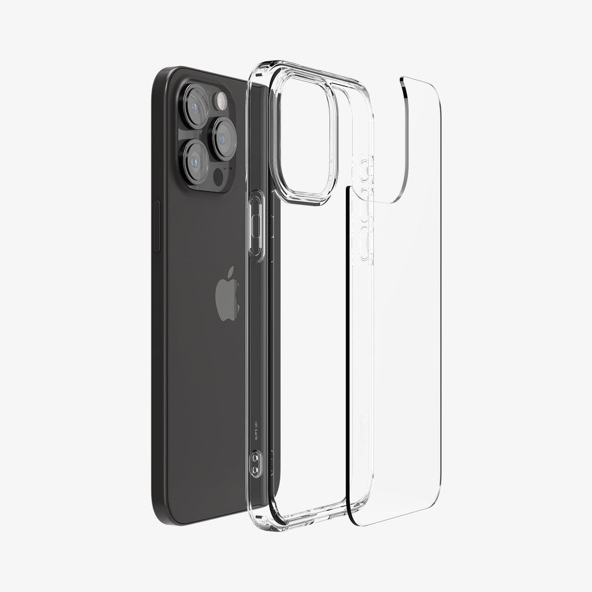 ACS06565 - iPhone 15 Pro Max Case Ultra Hybrid in crystal clear showing the back with multiple layers of case hovering away from device