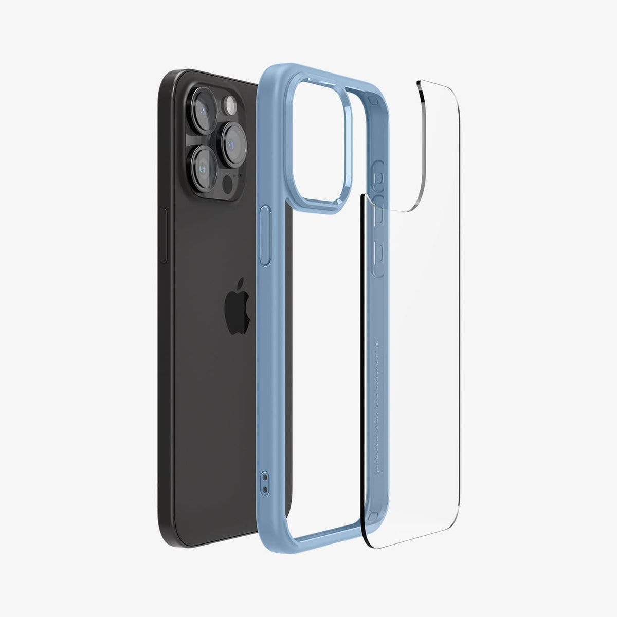 ACS06572 - iPhone 15 Pro Max Case Ultra Hybrid in sierra blue showing the back with multiple layers of case hovering away from device