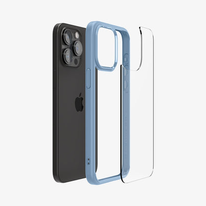 ACS06572 - iPhone 15 Pro Max Case Ultra Hybrid in sierra blue showing the back with multiple layers of case hovering away from device