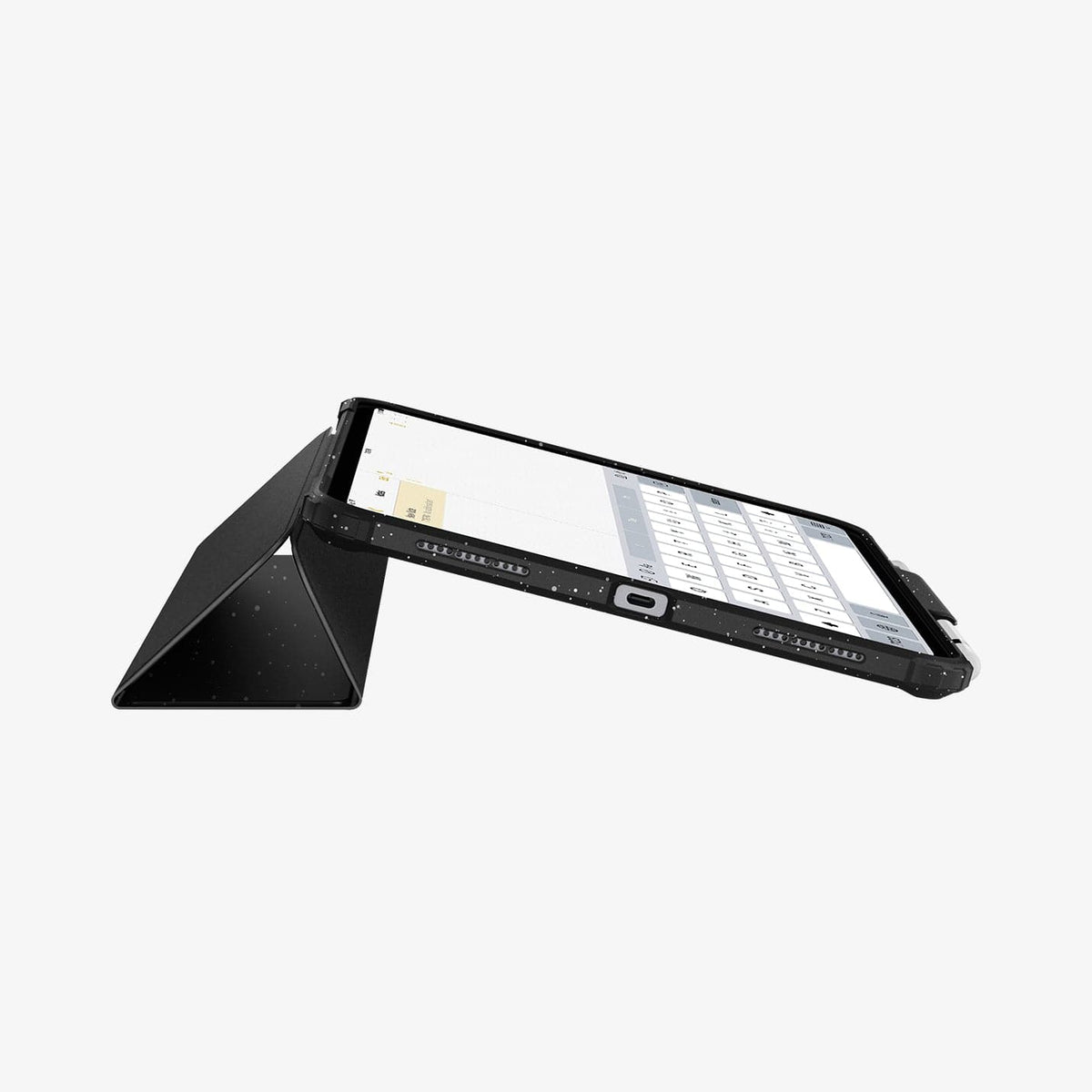ACS05941 - iPad 10.9" Case Ultra Hybrid Pro in speckled black showing the bottom and partial front with device propped up by built in kickstand