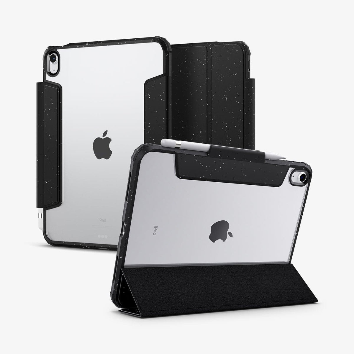 ACS05941 - iPad 10.9" Case Ultra Hybrid Pro in speckled black showing the back, front and device propped up by built in kickstand