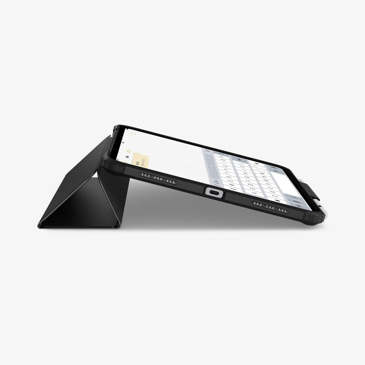 ACS05416 - iPad 10.9" Case Ultra Hybrid Pro in black showing the bottom and partial front with device propped up by built in kickstand