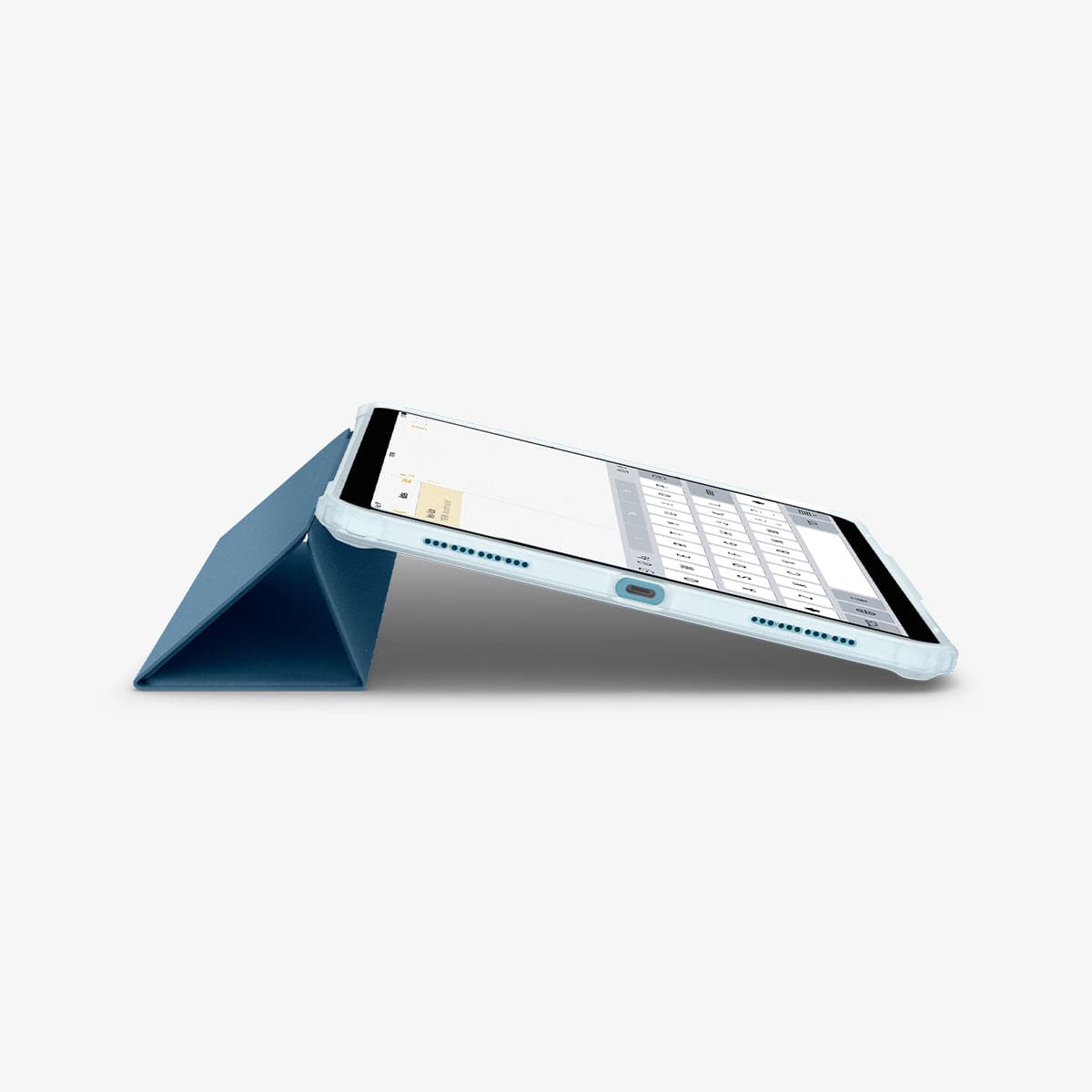 ACS04568 - iPad Air 10.9" (2022 / 2020) Case Ultra Hybrid Pro in teal blue showing the bottom and partial front with device propped up by built in kickstand
