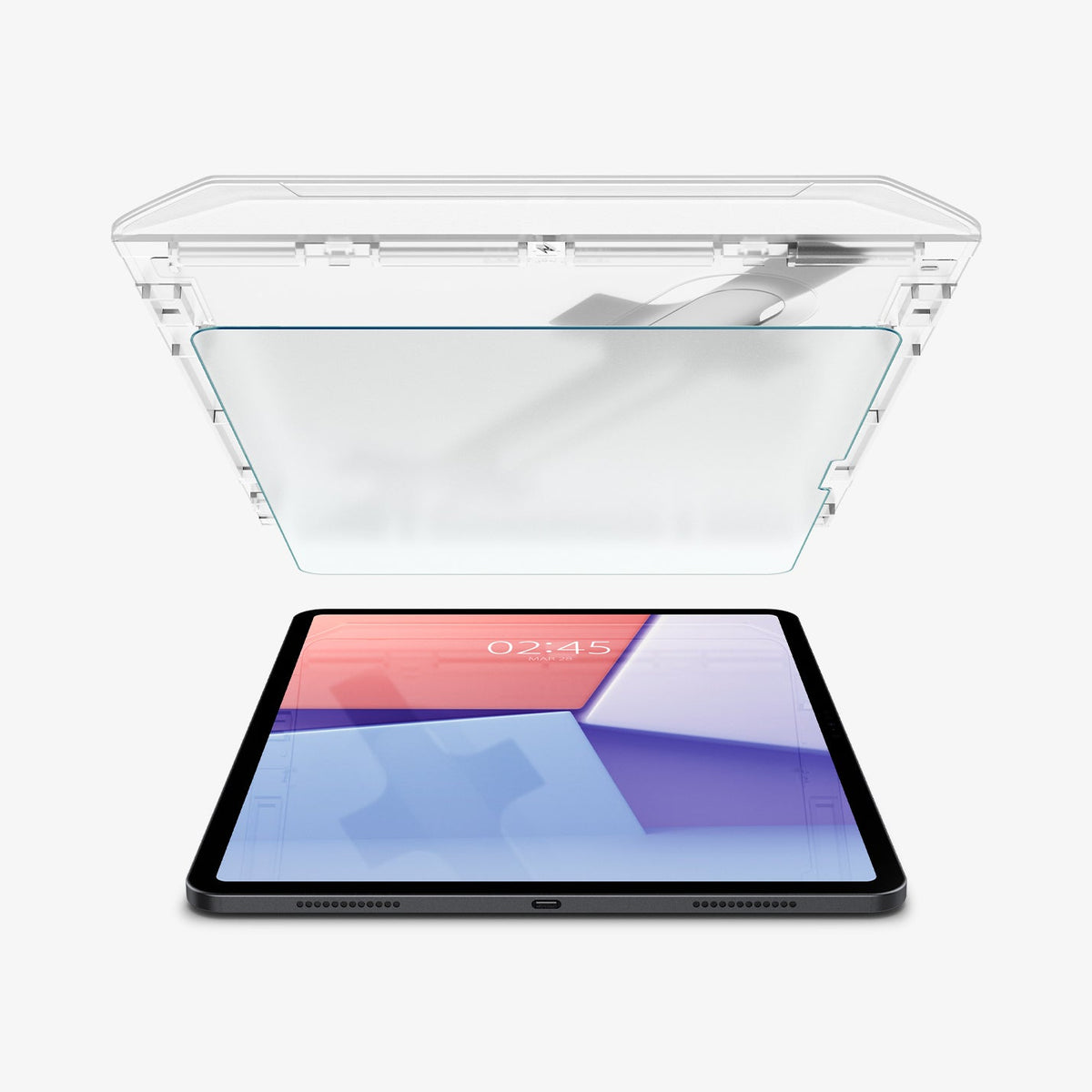 AGL07804 - iPad Air 12.9-inch Paper Touch EZ Fit in Clear showing the ez fit tray and screen protector hovering above the device