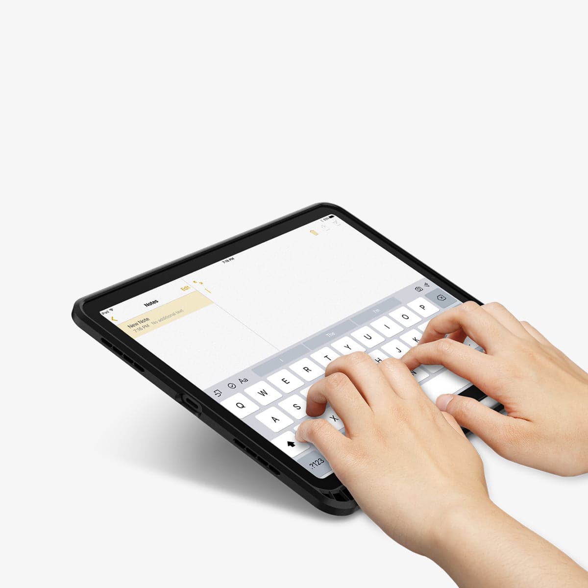 ACS02052 - iPad Air 10.9" (2022 / 2020) Case Tough Armor Pro in gunmetal showing hands typing on the screen with device propped up by built in kickstand
