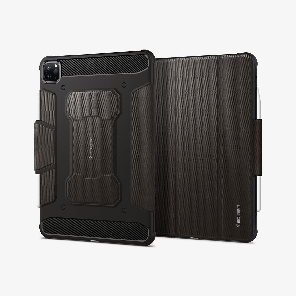 ACS01025 - iPad Pro 11-inch (2022) Rugged Armor Pro in Gunmetal showing the back and front with s-pen attached