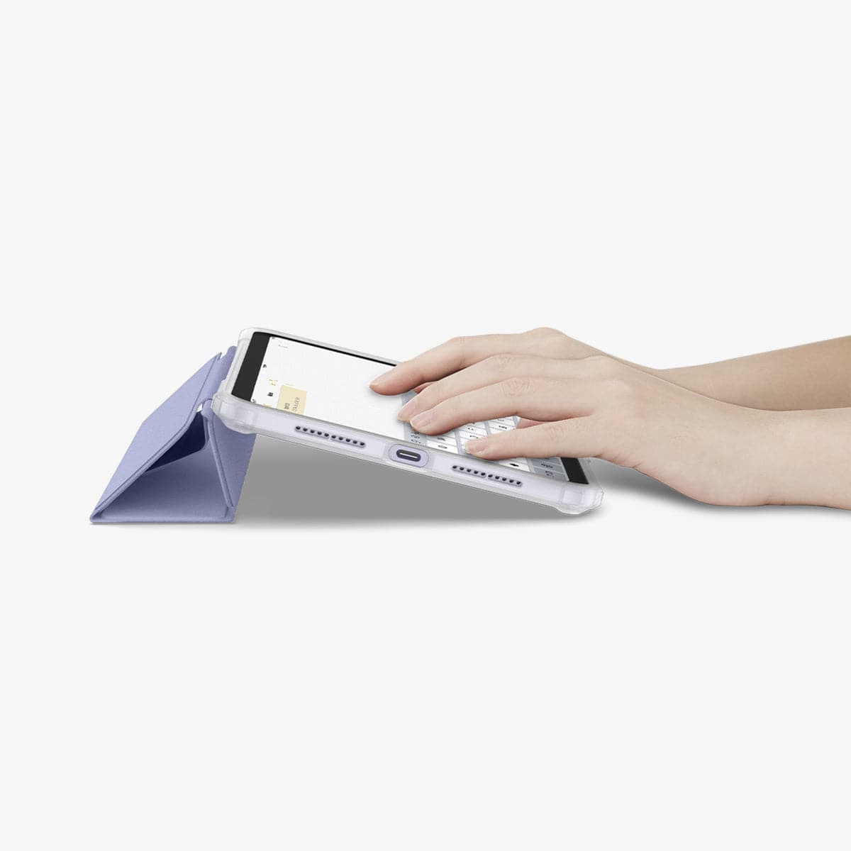 ACS03897 - iPad Mini 6 Case Ultra Hybrid Pro in lavender showing hands typing on screen with device propped up by built in kickstand