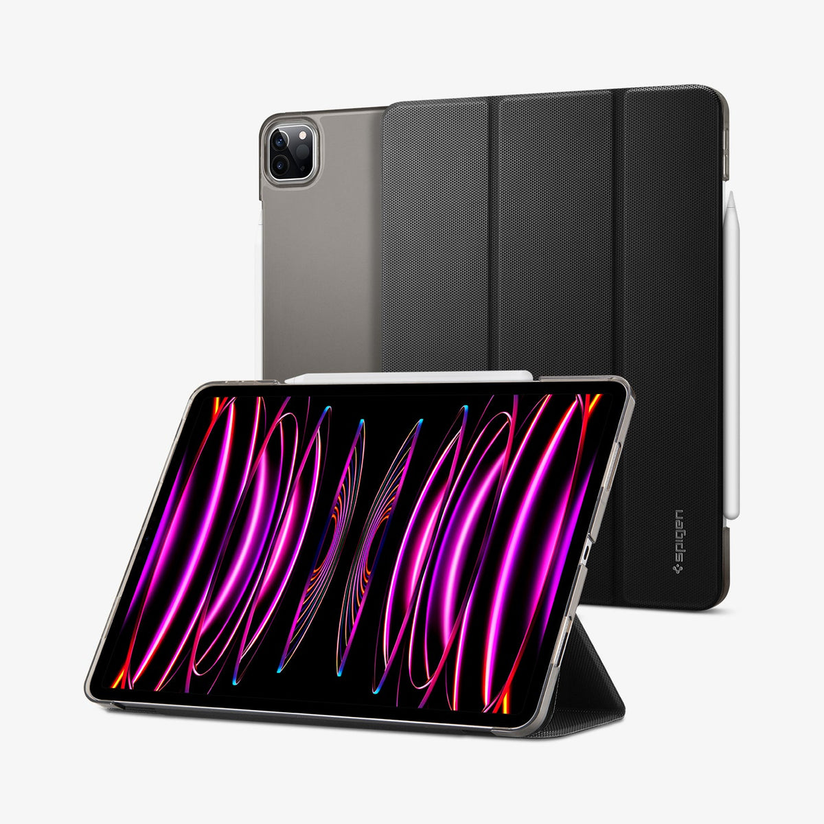 ACS05466 - iPad Pro 11" (2022/2021/2020/2018) Case Liquid Air Folio in black showing the back, front and device propped up by built in kickstand
