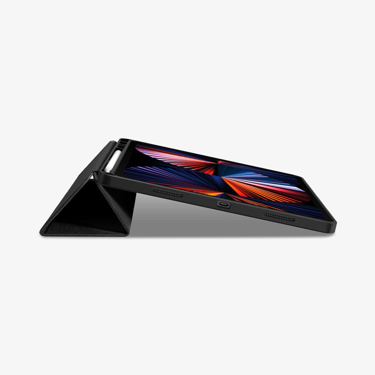 ACS03434 - iPad Pro 12.9" (2022/2021) Case Urban Fit in black showing the bottom and front with device propped up by built in kickstand and pencil in slot
