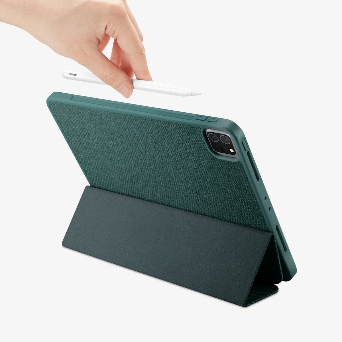 ACS01056 - iPad Pro 11" Case Urban Fit in military green showing the back with device propped up by built in kickstand and a hand placing pencil in slot