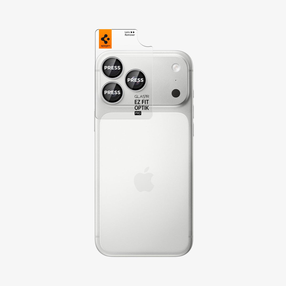 AGL12046 - iPhone 18 Pro Max / iPhone 18 Pro Optik Pro EZ Fit Lens Protector in Silver showing an alignment tray positioned over the camera lenses for easy installation.