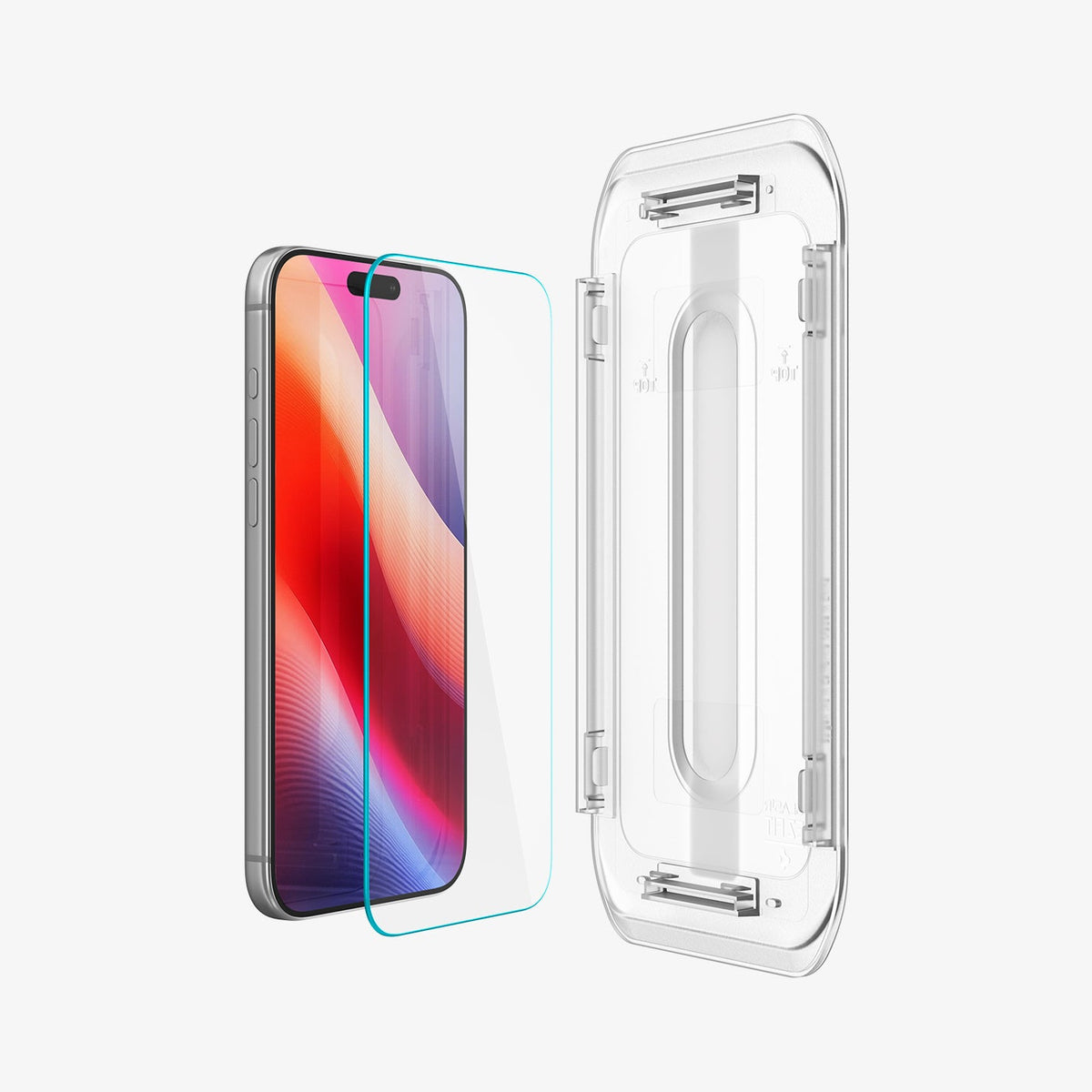 AGL07928 - iPhone 18 Pro / iPhone 17 Pro GLAS.tR EZ Fit | Sensor Protected showing a screen protector positioned between the device and installation tray.