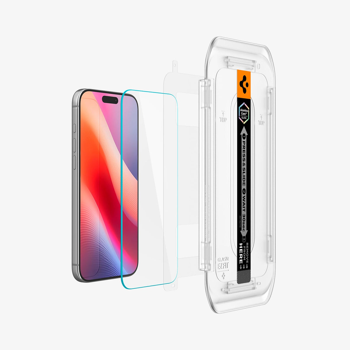 AGL07928 - iPhone 18 Pro / iPhone 17 Pro GLAS.tR EZ Fit | Sensor Protected showing the screen protector, protective layer, and installation tray aligned for application.