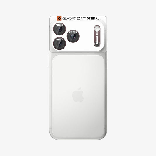 AGL12040 - iPhone 18 Pro Max Optik Pro XL EZ Fit Lens Protector in burgundy showing an alignment tray positioned over the camera area for precise installation.