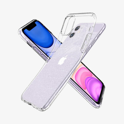 076CS27181 - iPhone 11 Case Liquid Crystal Glitter in crystal quartz showing the front, side and back with case bending away from device