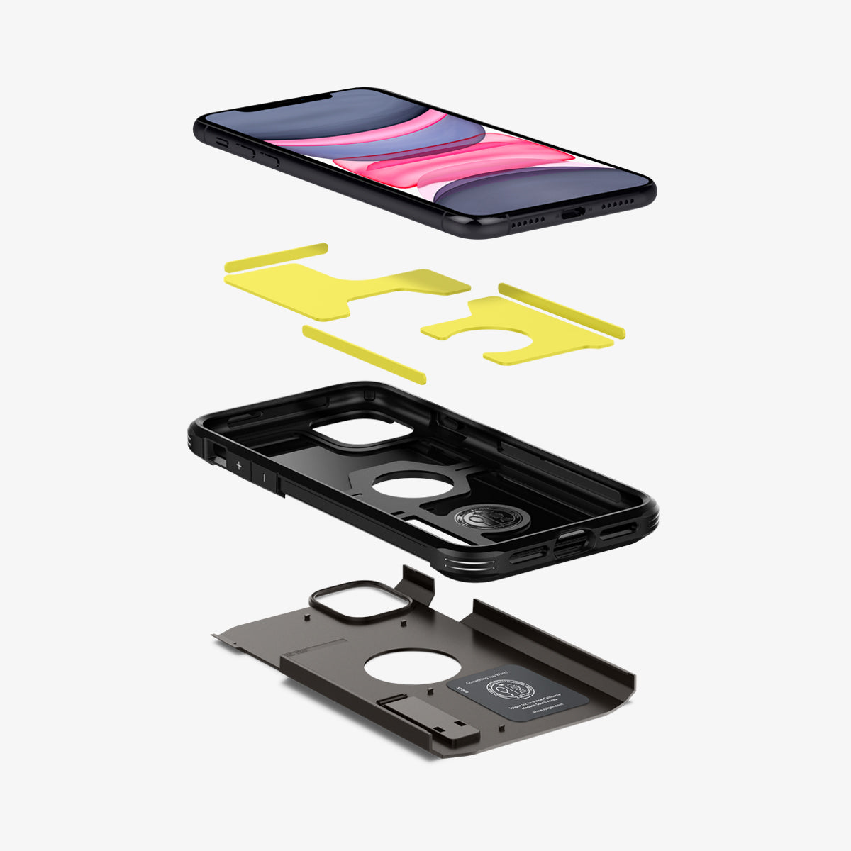 076CS27190 - iPhone 11 Tough Armor in XP Black showing the device, impact foam, flexible tpu and hard pc