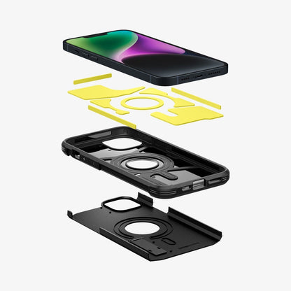 ACS04915 - iPhone 14 Plus Case Tough Armor (MagFit) in black showing the hard pc, flexible tpu, impact foam and device
