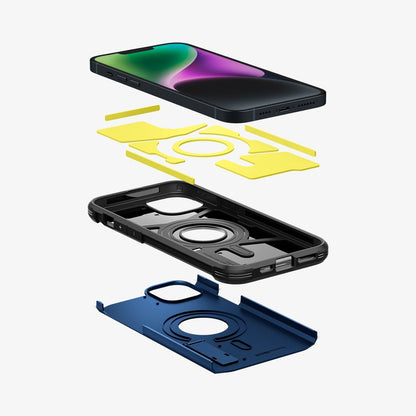ACS04917 - iPhone 14 Plus Case Tough Armor (MagFit) in navy blue showing the hard pc, flexible tpu, impact foam and device
