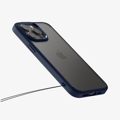 ACS04962 - iPhone 14 Pro Case Ultra Hybrid in navy blue showing the back and side with wristlet holes