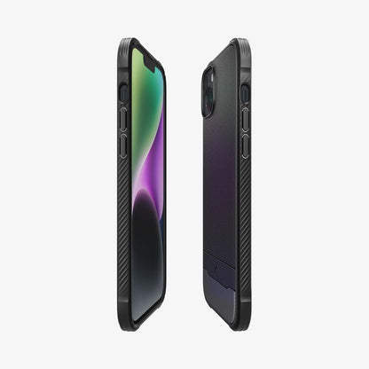 ACS05036 - iPhone 14 Case Rugged Armor (MagFit) in matte black showing the sides, partial back and front