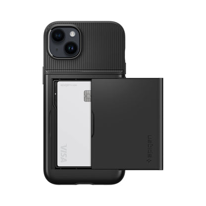 ACS05058 - iPhone 14 Case Slim Armor CS in black showing the back with card slot open and card in slot