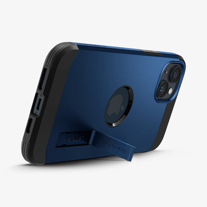 ACS05064 - iPhone 14 Case Tough Armor (MagFit) in navy blue showing the device being propped up horizontally by built in kickstand