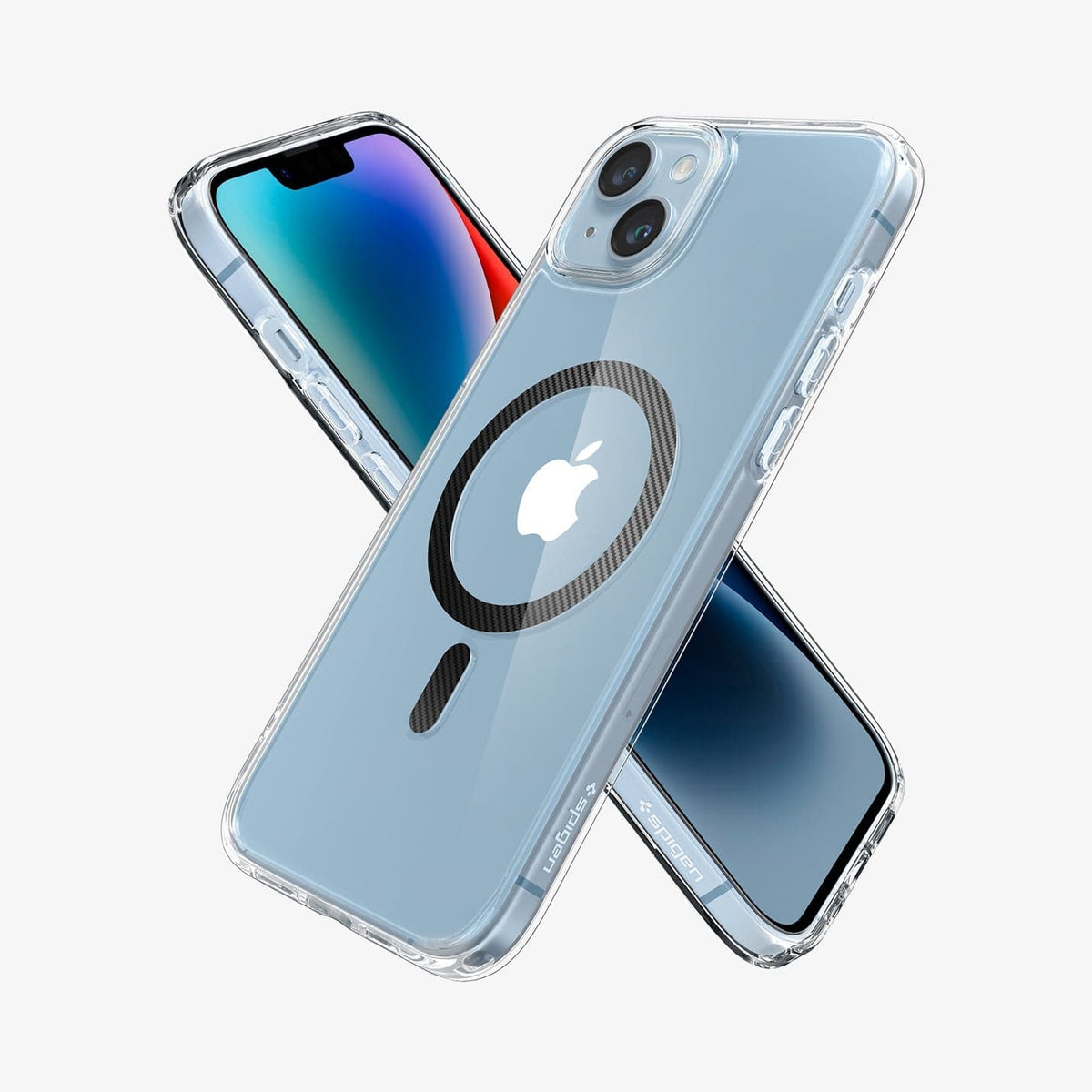 ACS04904 - iPhone 14 Plus Case Ultra Hybrid (MagFit) in carbon fiber showing the back, sides and front