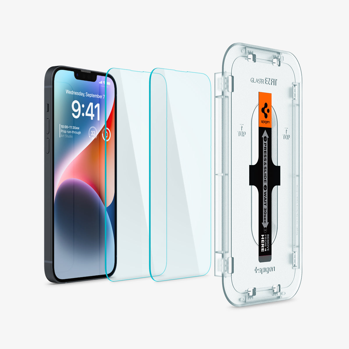 AGL03376 - iPhone 14 Plus Screen Protector EZ FIT GLAS.tR (Sensor Protection) showing the device, screen protector, film, and ez fit tray