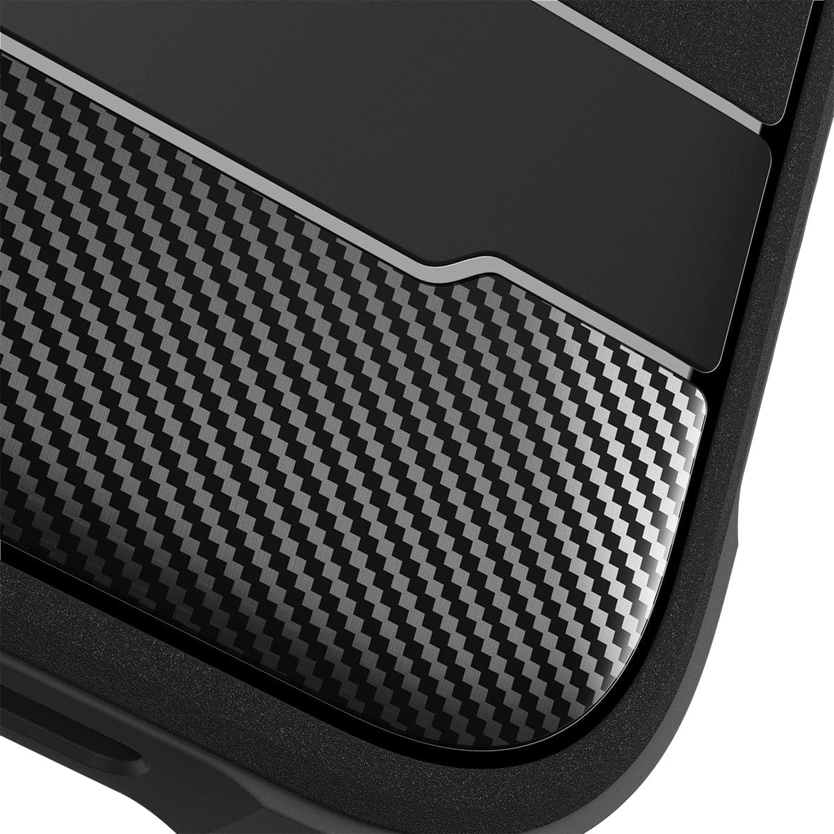 ACS04956 - iPhone 14 Pro Case Rugged Armor (MagFit) in matte black showing the back bottom carbon fiber design zoomed in